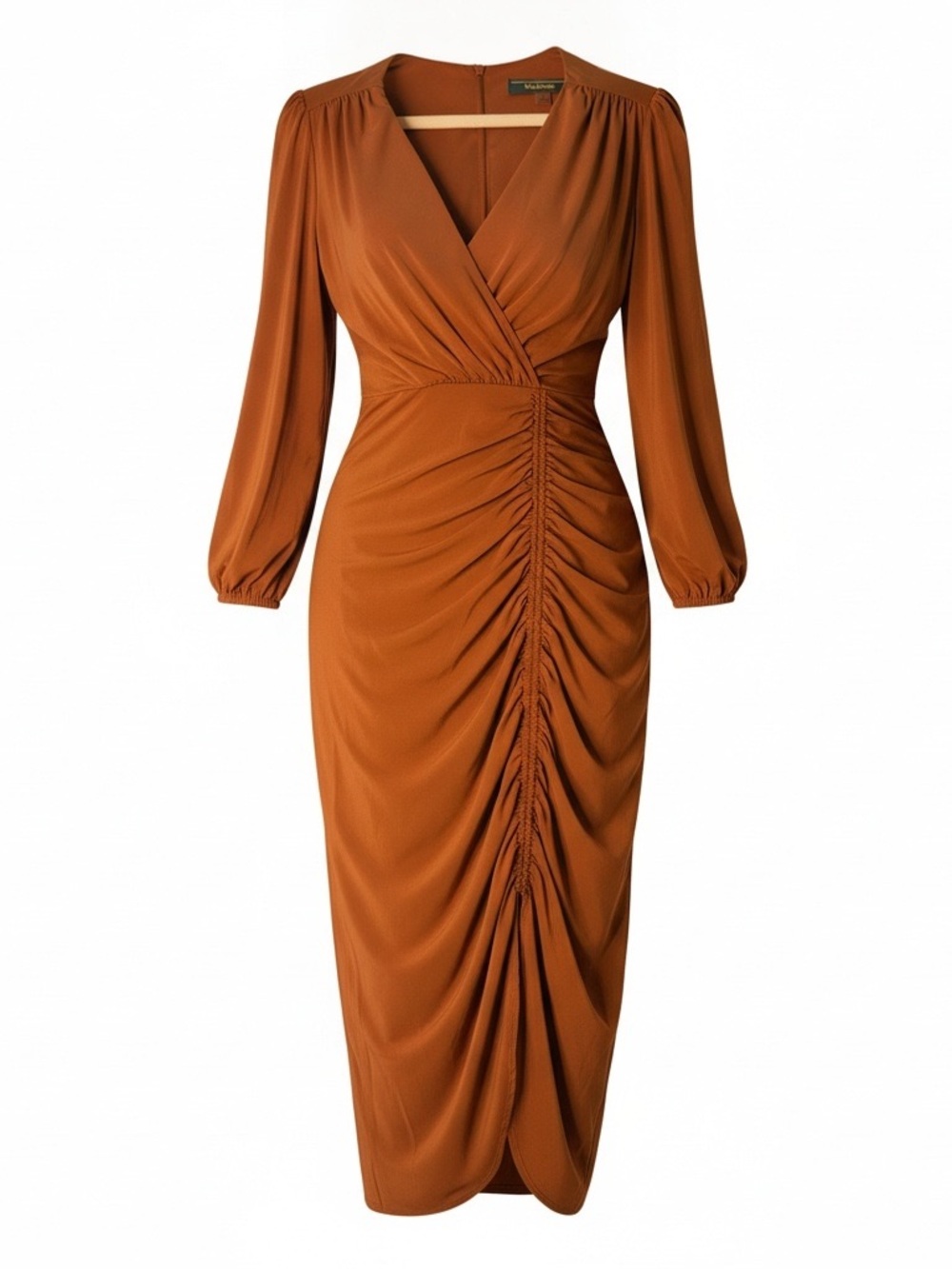 Gathered Rust Long-Sleeve Midi Dress